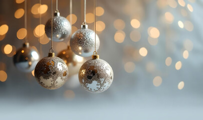 Wall Mural - silver and gold christmas balls hanging on winter bokeh background