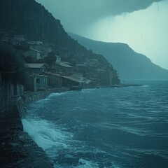 Poster - A small village nestled on a rocky coastline, with stormy seas crashing against the shore. The village is built into the hillside, with houses and buildings clinging to the steep slopes.