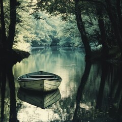 Wall Mural - A small wooden boat sits alone on a tranquil lake, surrounded by lush trees. The water reflects the sky and trees, creating a serene atmosphere.