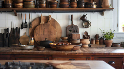 Wall Mural - Rustic Kitchen Counter with Wooden Utensils and Bowls