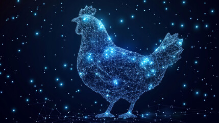 Chicken and egg depicted in low-poly wireframe. Vector polygonal image resembling a starry sky or cosmic scene, composed of points, lines, and shapes, with star-like and abstract forms.