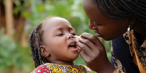 A woman is feeding a child. The child is wearing a colorful outfit. The woman is holding the child's mouth open