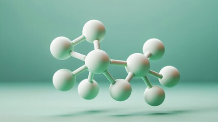 White molecular model on a green background.