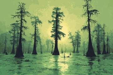 Poster - Cypress Trees in a Foggy Swamp at Sunset