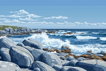 Sticker - Rocky Coastline with Crashing Waves and Blue Sky