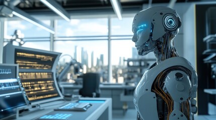 Poster - The robot, with intricate circuitry visible, analyzes data on screens filled with glowing graphics. Sunlight streams through the window, revealing a futuristic city outside