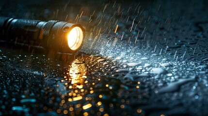 Aufkleber - A flashlight illuminates the dark, rainy night. The soft glow reflects off the wet surface, creating a moody atmosphere. Perfect for themes of adventure and exploration. AI
