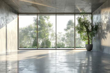 Wall Mural - Modern contemporary empty hall nature render overlooking  living room behind  concrete floors