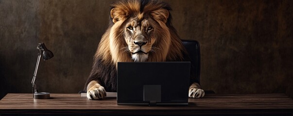 Wall Mural - Lion in a business suit is sitting at a desk in an office, using a laptop computer