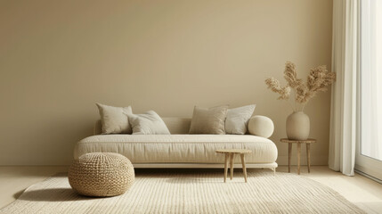 Wall Mural - Interior design of living room with copy space, beige sofa, side table, leaf in vase