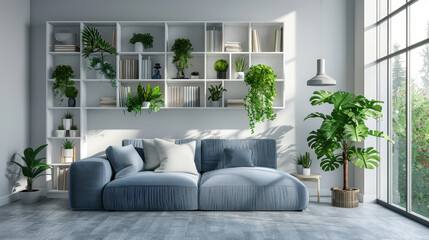 Wall Mural - Modern Minimalist Living Room Interior Design Featuring a White Square-Spaced Bookshelf, Grey Sofa, and Plants