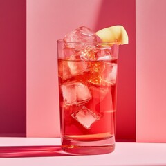 Wall Mural - A clear glass with a pink background and an iced tea with ice