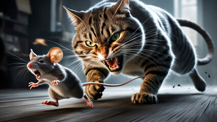 illustration of a small mouse running scared and screaming because it is being chased by a big scary black cat