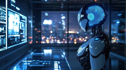 Poster - A sleek, futuristic robot stands beside a modern console, analyzing data displayed on screens, with a vibrant city skyline illuminated at night in the background