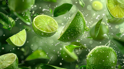 Falling juicy lime with green leaves isolated on transparent background.