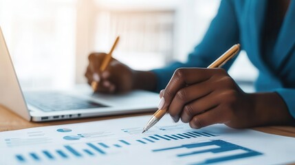 Wall Mural - Close-up of hands writing on a business plan with a laptop in the background, startup strategy