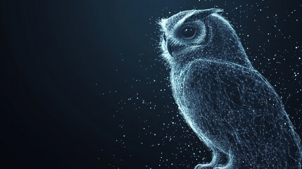 Wall Mural - Owl isolated in a low-poly wireframe on a dark background. A wild bird of prey depicted as a vector polygonal image, resembling a starry sky or cosmic scene with points, lines, and shapes in the form 