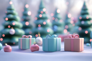 Wall Mural - three christmas presents with pastel bows are waiting under the christmas tree