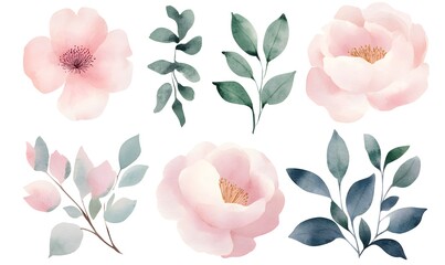 Poster - Beautiful watercolor pink peonies and leaves collection, Generative AI