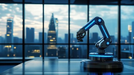 Poster - The advanced robotic arm stands on a sleek table in a modern office, illuminated by vibrant blue lights, as it looks out over a city skyline at twilight