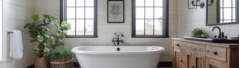 Modern Farmhouse Bathroom with Freestanding Tub and Rustic Wooden Vanity