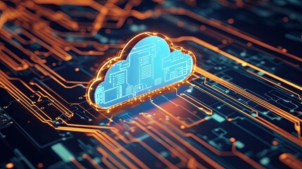 Wall Mural - Cloud Computing Technology Represented by a Digital Cloud with Data Transfer on a Circuit Board: Data Transfer and Cloud Computing on a Circuit Board