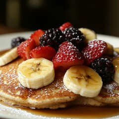 Canvas Print - A stack of fluffy pancakes topped with fresh fruit, including sliced bananas, strawberries, and blackberries, drizzled with syrup and powdered sugar.