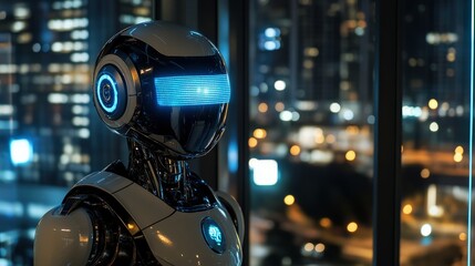 Poster - A sleek, futuristic robot with glowing features is positioned near a large window, overlooking a vibrant city skyline at night, highlighting its advanced design and engineering