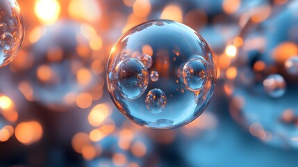 Wall Mural - Abstract Blue Bubbles with Orange Bokeh Background