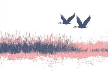 Two Birds Flying Over Grassy Landscape