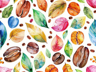 Wall Mural - Watercolor pattern Coffee beans, and leaves for vibrant and summery design