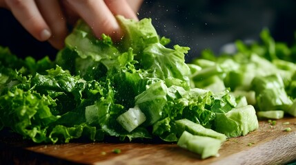 Wall Mural - Close up Macro Photography Capturing the Fresh Crisp Texture of Lettuce Leaves Being Chopped or Diced for Culinary and Cooking