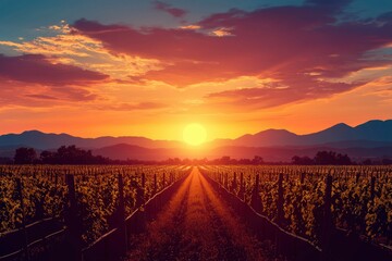 Poster - Vineyard Path at Sunset with Mountains and a Sunburst