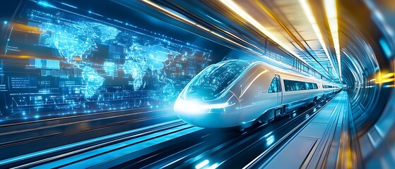 Poster - Futuristic Train Speeding Through Tunnel with Digital World Map.