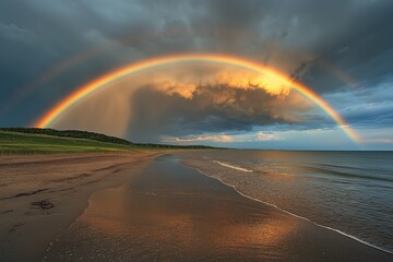 Canvas Print - A vibrant rainbow arcs over a sandy beach with a calm ocean in the distance.