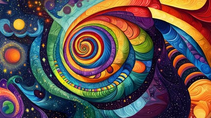 Poster - A psychedelic, colorful illustration of an infinite spiral staircase leading to the center of infinity. 