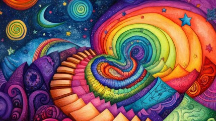 Wall Mural - A psychedelic, colorful illustration of an infinite spiral staircase leading to the center of infinity. 