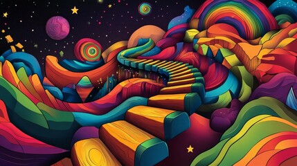 Poster - A psychedelic, colorful illustration of an infinite spiral staircase leading to the center of infinity. 