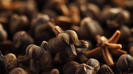 Macro photography of whole cloves focusing on their distinctive shape and rich dark This image captures the intricate details and textures of the spice