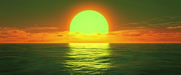 A vibrant sunset with a green sun over a vast ocean.