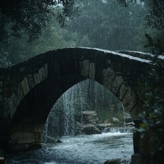 Wall Mural - A stone bridge arches over a rushing river in a lush green forest, with rain falling heavily.