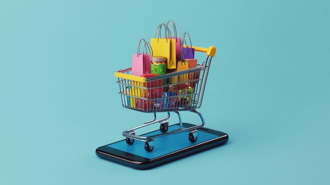 Digital illustration of an online shopping cart full of products, floating above a smartphone, representing convenience.