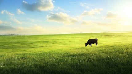 Wall Mural - Cow Standing on a Green Grass Field: Peaceful Countryside Background Featuring a Cow Grazing on a Lush Green Grass Field