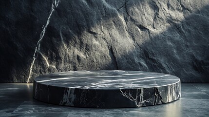 Aufkleber - black Marble pedestal Stand Stone for product podium Standing Base platform product mockup Dark Stones and rocks Textures Nature Shadow on Wall Material : Generative AI