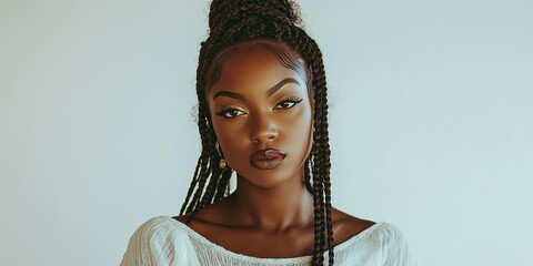 Wall Mural - A woman with dreadlocks and gold earrings is posing for a photo. She has a serious expression on her face