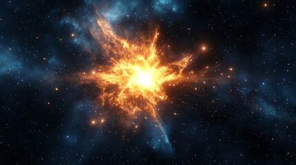 a fiery explosion in space, with bright orange flames and blue nebula.