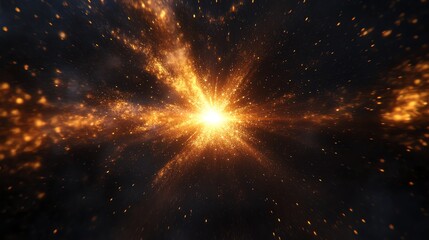 a bright, golden explosion with sparkling particles against a black background.