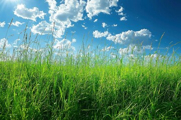 Sticker - Tall Grass Blades Against a Blue Sky with White Clouds