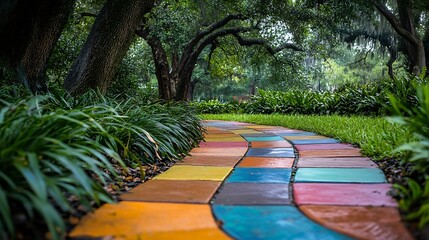 Poster - A colorful footpath surrounded by lush green trees grass and plants in the Sculpture Garden at New Orleans City Park in New Orleans Louisiana USA : Generative AI