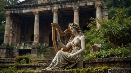 Wall Mural - A statue of Terpsichore holding a harp, with a background of an ancient theater ruin, with moss growing all around.